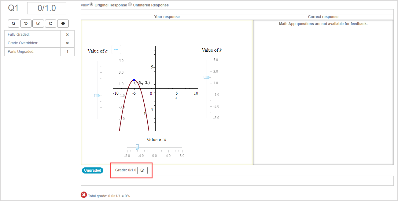 The edit part grade icon is highlighted beside the part grade for Math App component.